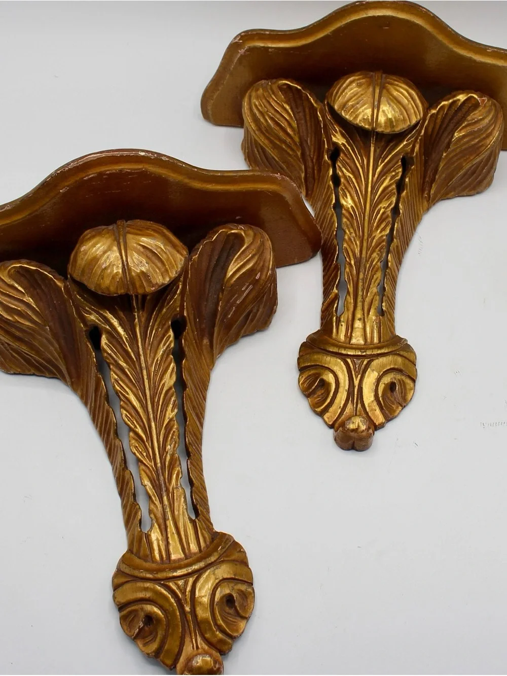 Pair of Vintage Gold Leafed Wall Brackets, Wooden Sconces, Acanthus Leaf